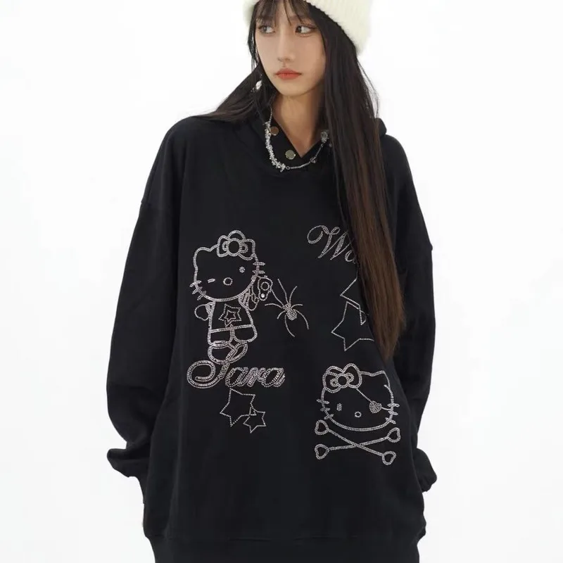 Hello Kitty Niche Hoodies Čierna mikina pre ženy jeseň zimný americký štýl y2k pikantné dievča voľný všestranný pulóver