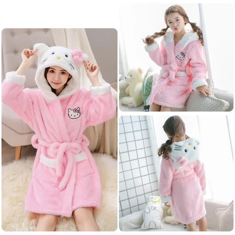 Hello Kitty Pokemon Pikachu pyžamy dievčat nočné-roboty Detská jesenná zimná zimná kapucňa Hustý župan zodpovedajúci oblečeniu top