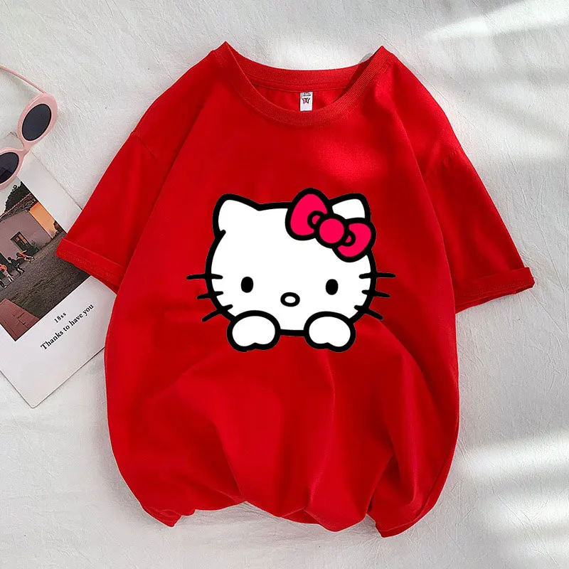 Hello Kitty Red Cartoon Anime Men Tričko Letné s krátkym rukávom Príležitostné dámske tričká 2024