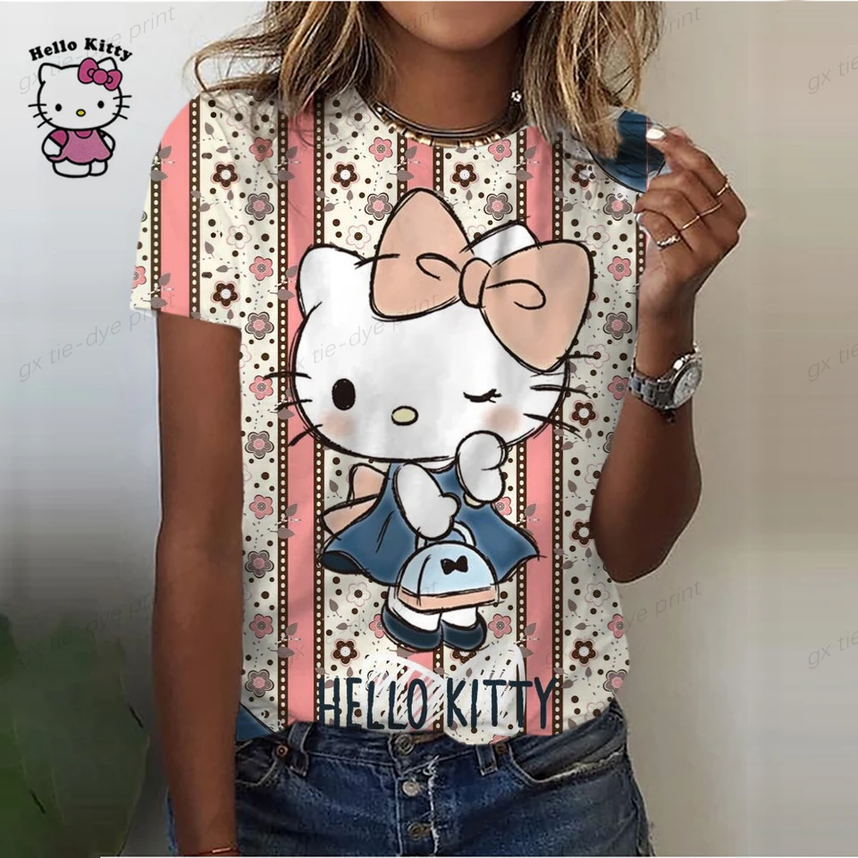 Hello Kitty Tlač roztomilé tričko O-NECK TOP KODY KITTY FASION Módna dámska voľné tričko 2023 Nová zľava Top krátke rukávy