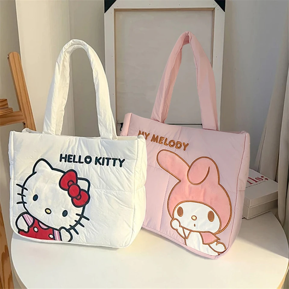 Hello Kitty vyšívané ramenné tašku Sanrio Down Cotton Cute My Melody Veľká kapacita tote taška zima choďte so všetkým darčekmi