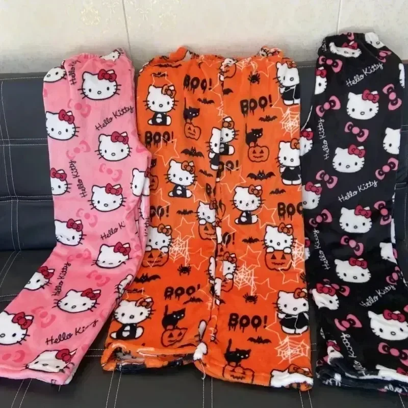 Hello Kitty y2k kawaii anime flanel pyžamy dámske teplé vlnené karikatúry Príležitostné domáce nohavice Jeseň Zimné módne nohavice
