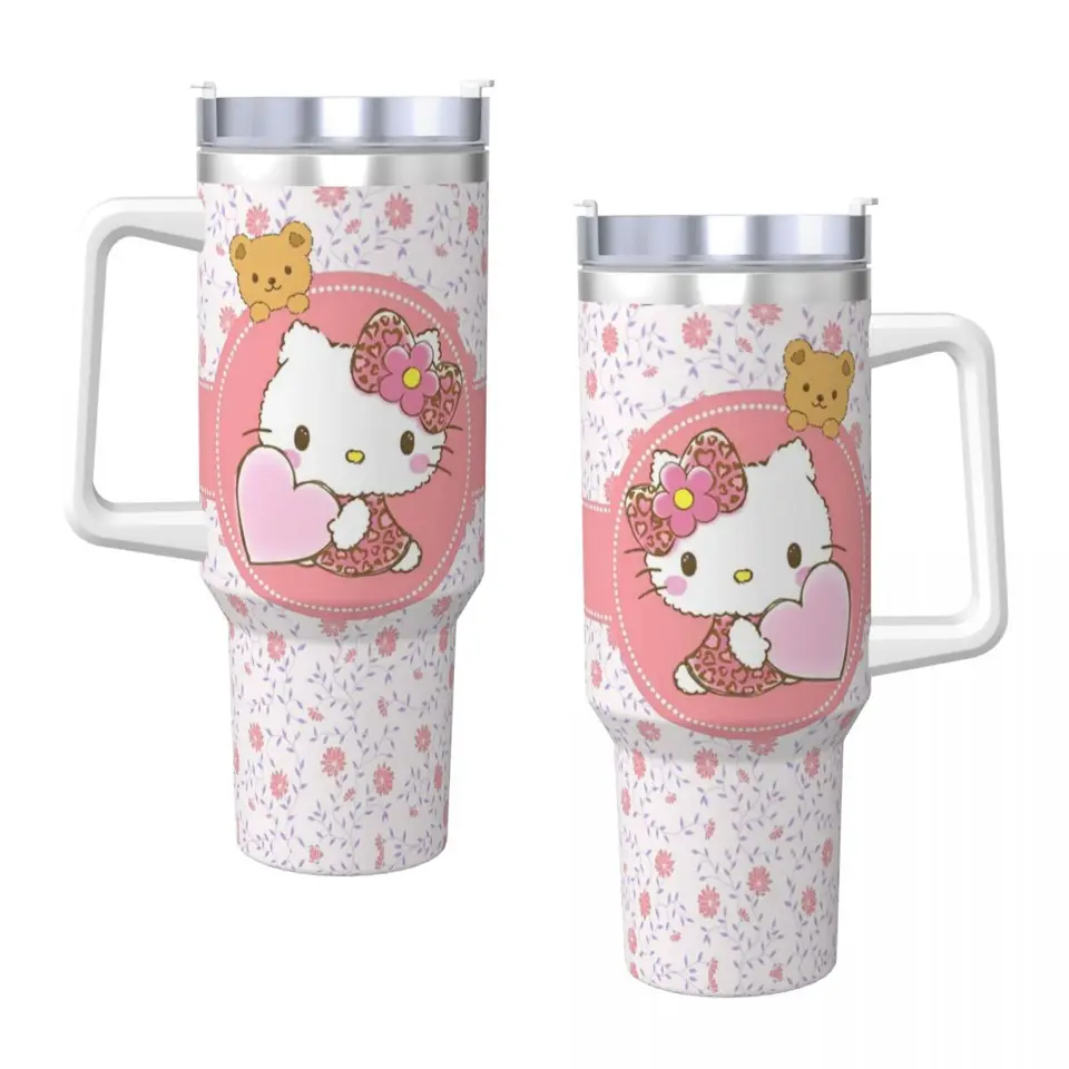 Hello Kitty z nehrdzavejúcej ocele Kempovanie tepelných šálok so slamkami a vekom 40oz Hrnce automobilov studena a horúca voda fľaša