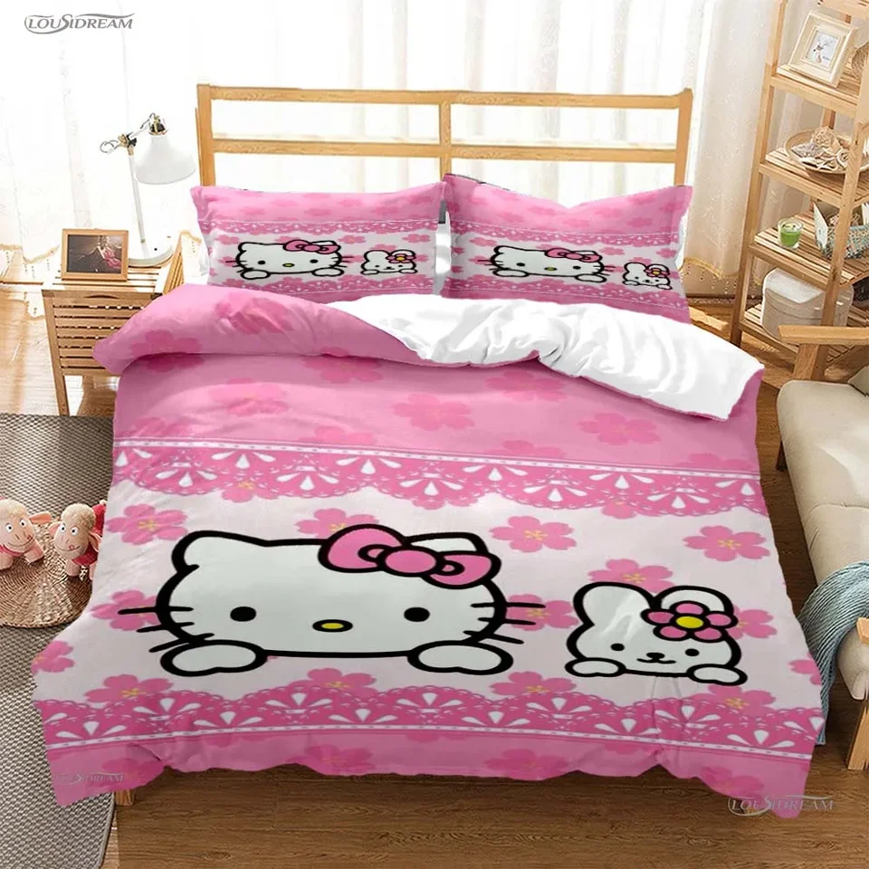 Hellokitty Cartoon Cutoen celú sezónu obliečky na obliečky na obliečky na obliečky na posteľnú obliečku Sady mäkké prikrývky a vankúše Single/Double/Queen/King