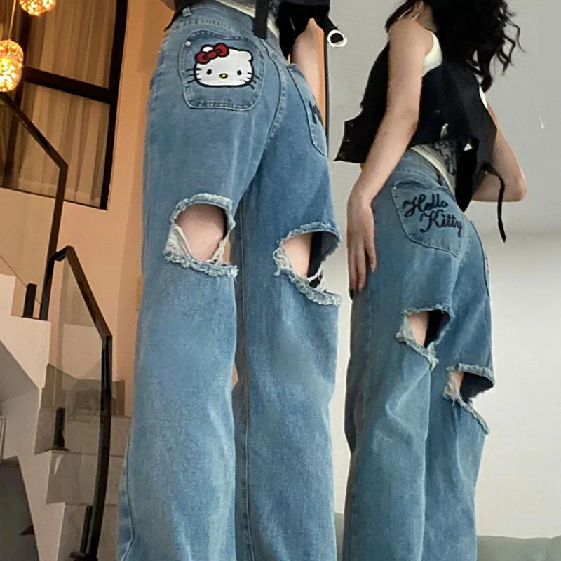 Hellokitty sladké a pikantné vyšívané piercing americké japonské trendy brand kovbojové nohavice široké nohavice všestranné voľné podlahové nohavice