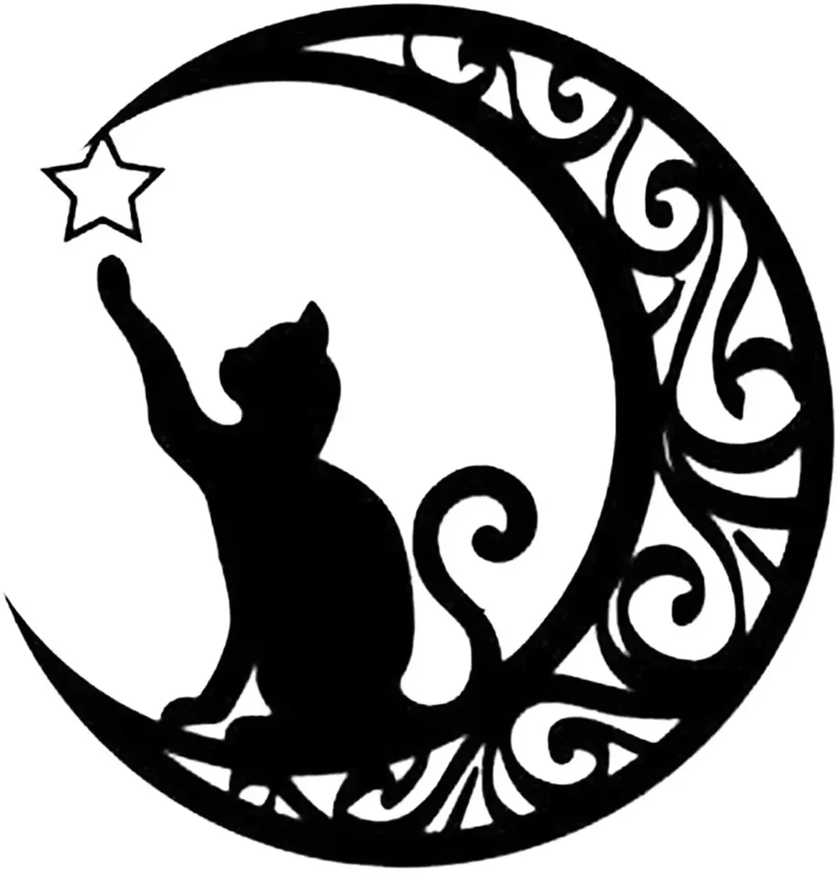 Helloyoung Moon and Cat Metal Wall Art, Metal Wall Sculpture, Cat Silhouette Wall Hanging Iron Art Wall Decoration Artwork