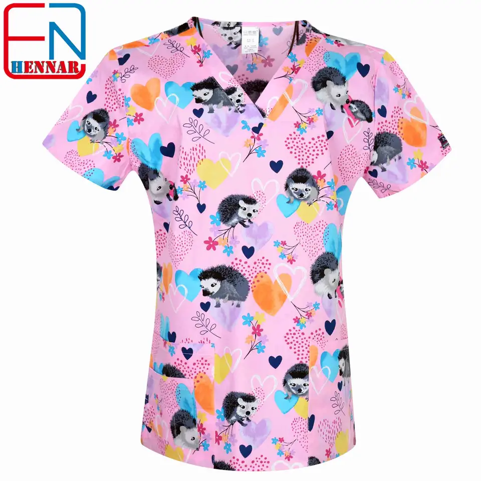 Hennar Print Animal Prints Scrub Uniforma pre ženy v 100% bavlnených vreckách, XXS-5XL Medical Scrub Tops