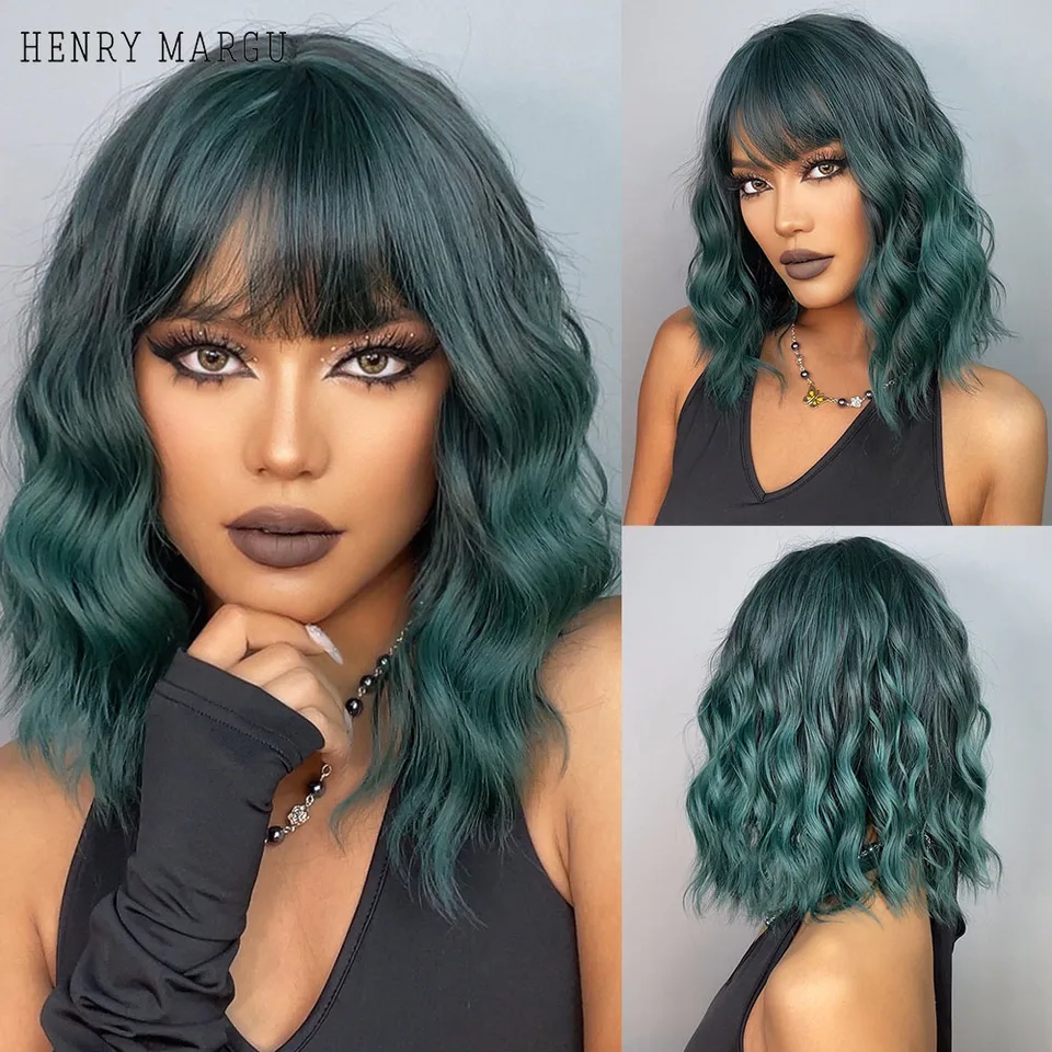 Henry Margu Cosplay Lolita Short Wavy Bob Parochne s treskami zelené syntetické parochne pre ženy