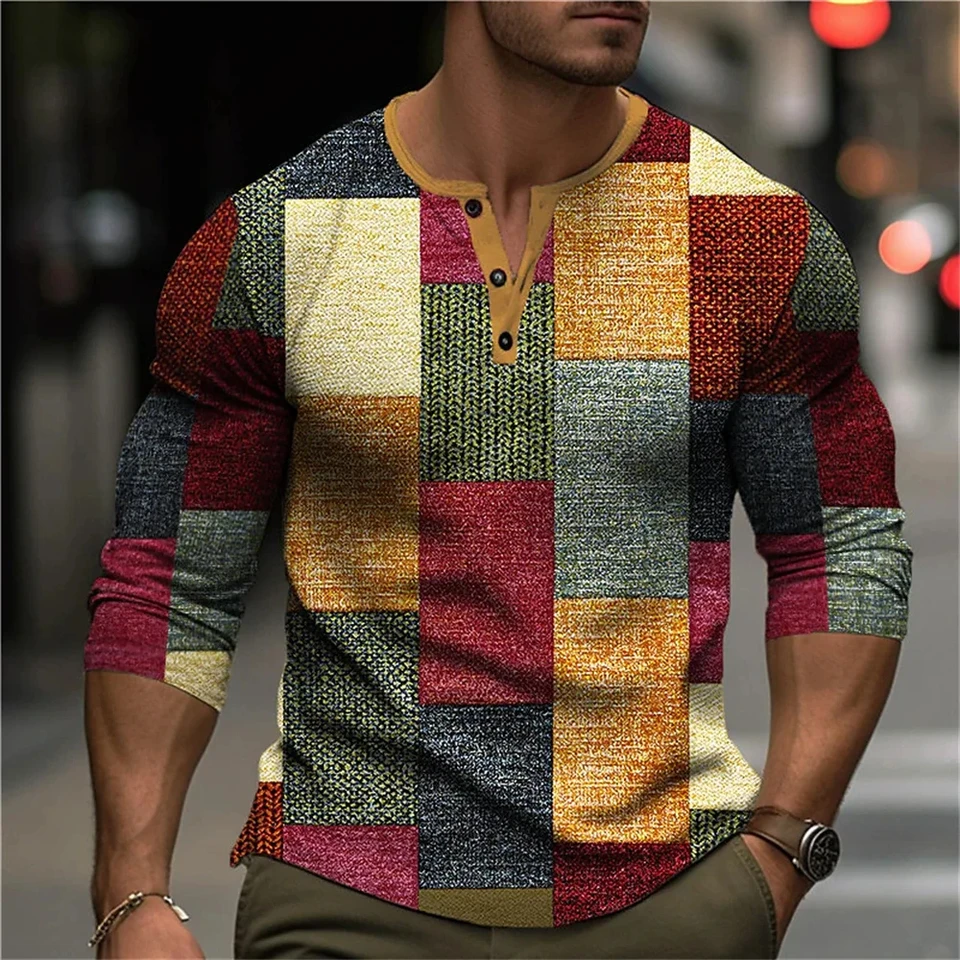 Henry Tirls Patchwork Plaid 3D Print Pattern Patter Nové pánske tričko s dlhým rukávom s mužskými odevmi jarné jesenné veľkosti s -5xl vrcholy