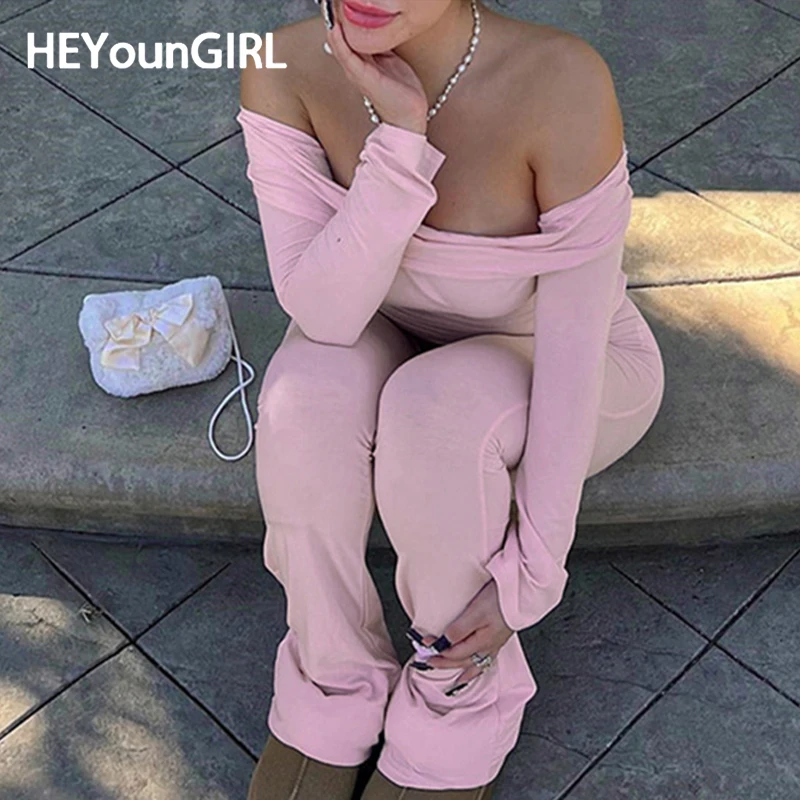 Heoungirl Autumn Witer dlhý rukáv z tričku na ramene a nohavice na ležanie ležérne dvojdielne set módne streetwear Basic Slim