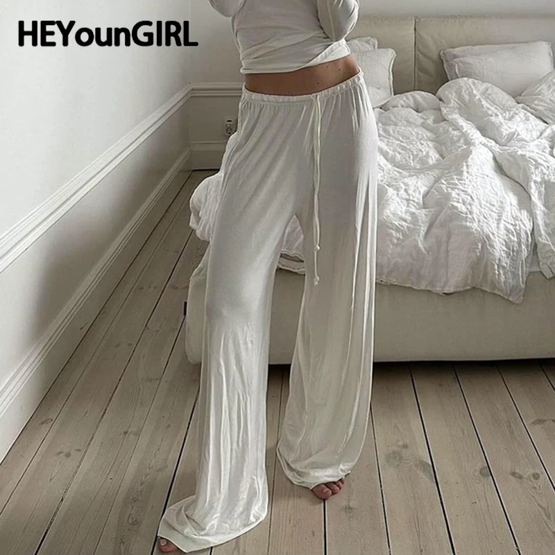 Heoungirl Casual White Lady Wide Nohavice Elastic pás základné voľné fit ženy minimalistické tepláky High Street Y2K Joggers