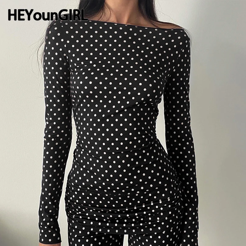 Heoungirl Women Dot Print Patted Top Elegantné príležitostné príležitostné rukávy vintage tričko jesenné módne základné odevy TEES Street Outfits