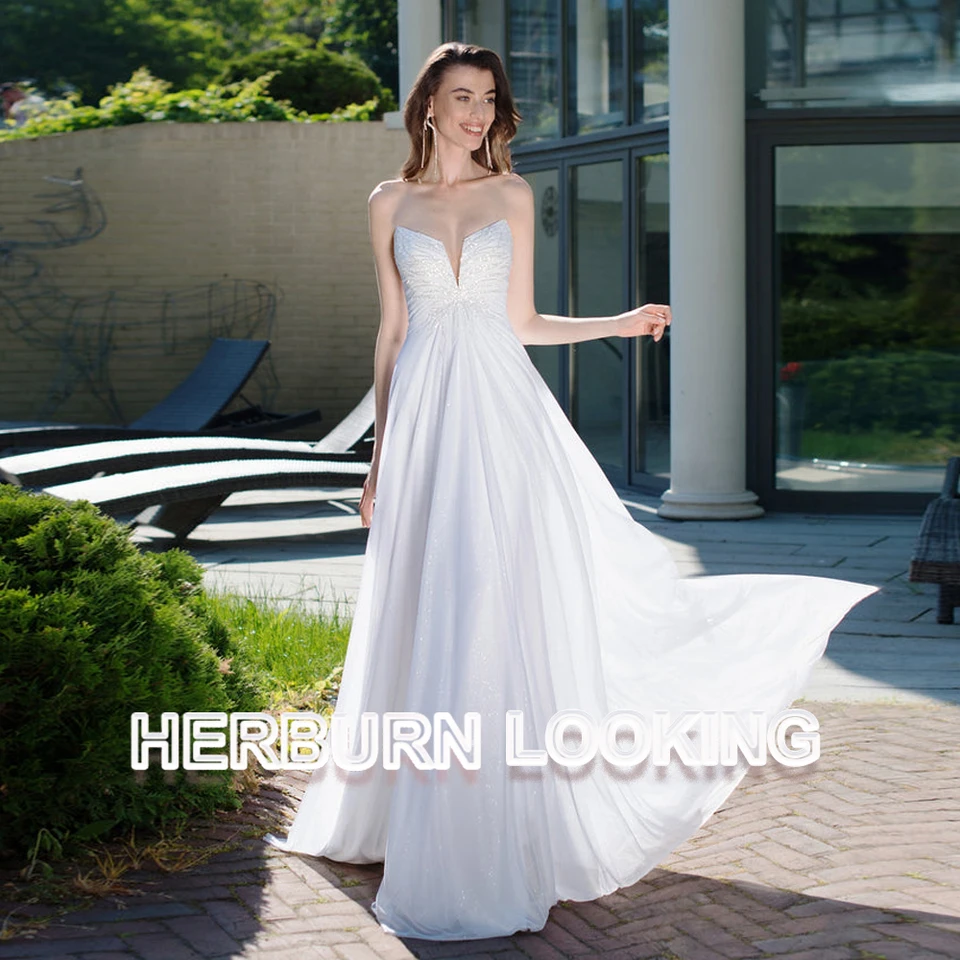 Herburn očarujúce svadobné šaty bez ramienok pre ženy A-line Flitry Lace Up podlahové dĺžky svadobné šaty robe de mariee prispôsobené