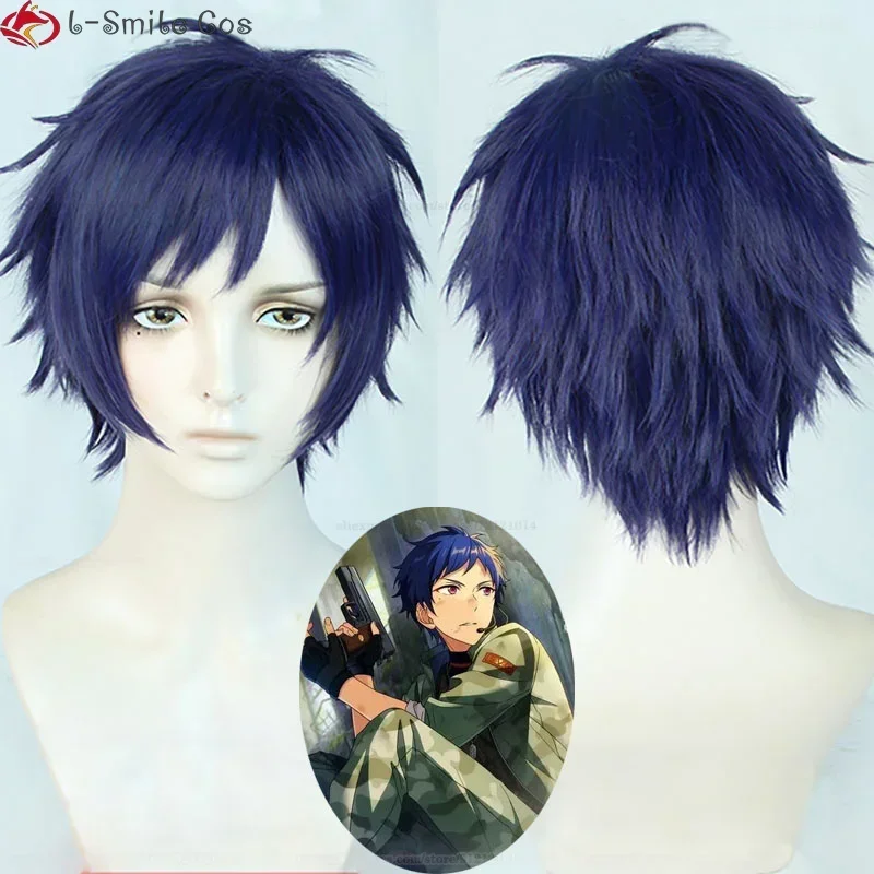 Herné hviezdy ES2 cosplay fushimi yuzuru parochňa s krátkym modrým fialovou tepelnou odolnou syntetickou vlasovou hallowee parochňou + parochňou čiapka