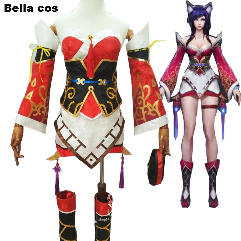Herné oblečenie lol deväť chvoste líška Ahri Cosplay kostým červené šaty biele chvost uši ženy Halloween uniformy anime outfits cos cos