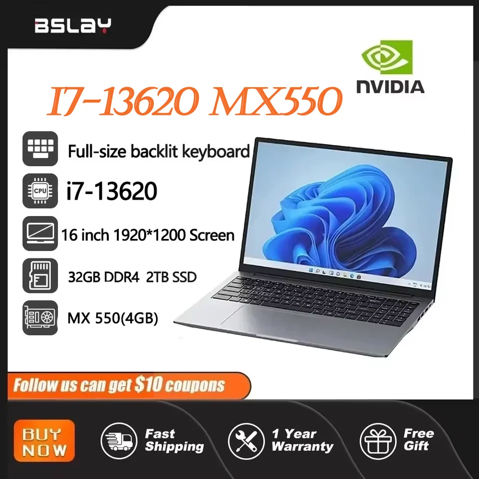Herný notebook 16 palcov Intel Core i7-13620h NVIDIA MX550 4G 32 GB DDR4 2TB SSD Okno 11 12 jadrá 16 vlákien prenosné netbook