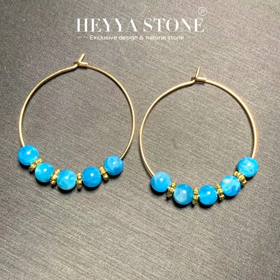 Heyya Stone Natural Blue Apatit Hoop náušnice Jednoduché klasické okrúhle kruh drahokamy šperky ručne vyrobené 14k zlaté exkluzívne
