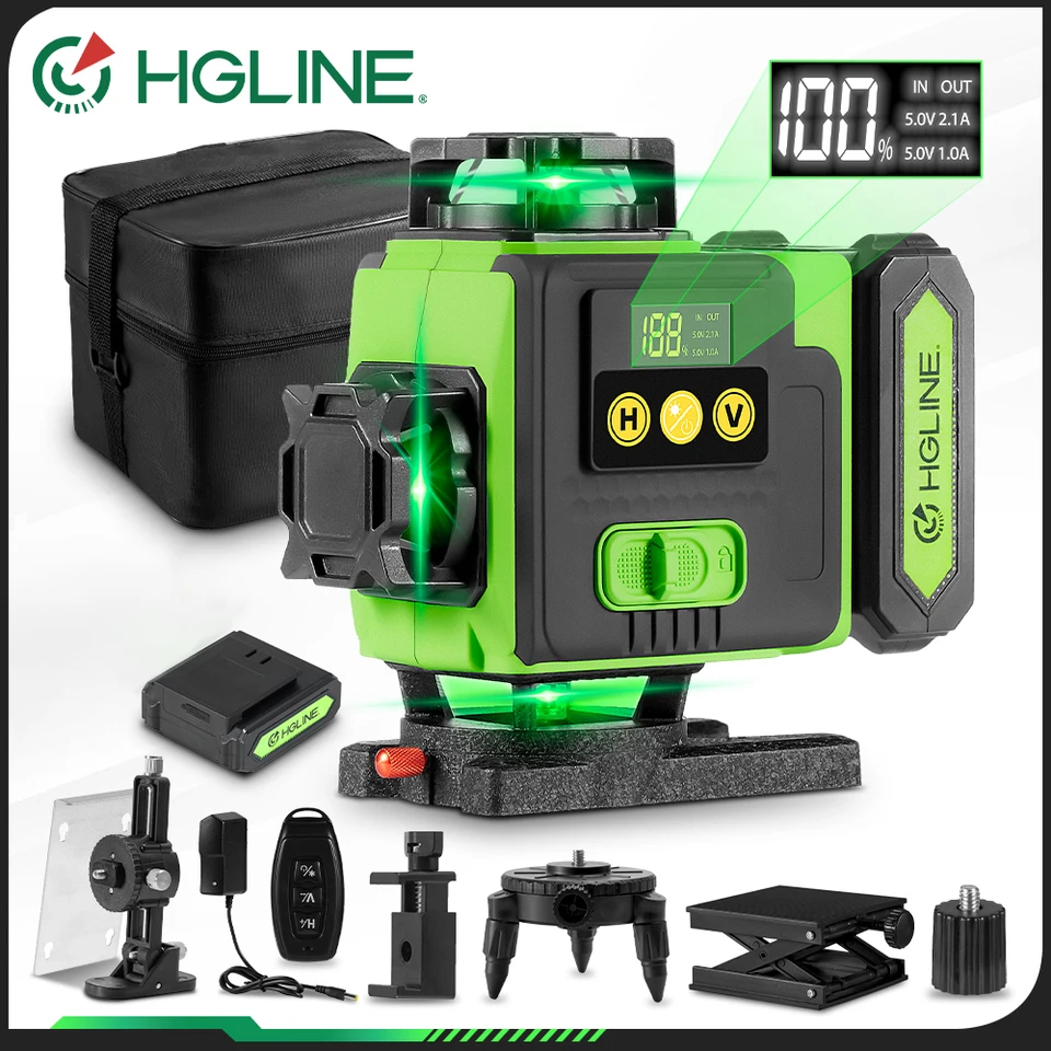 HGLINE 4D zelená laserová úroveň 16 riadky otočnej úrovne nabíjateľné 360 Automatické vyrovnanie nástroja s diaľkovým ovládaním aplikácií