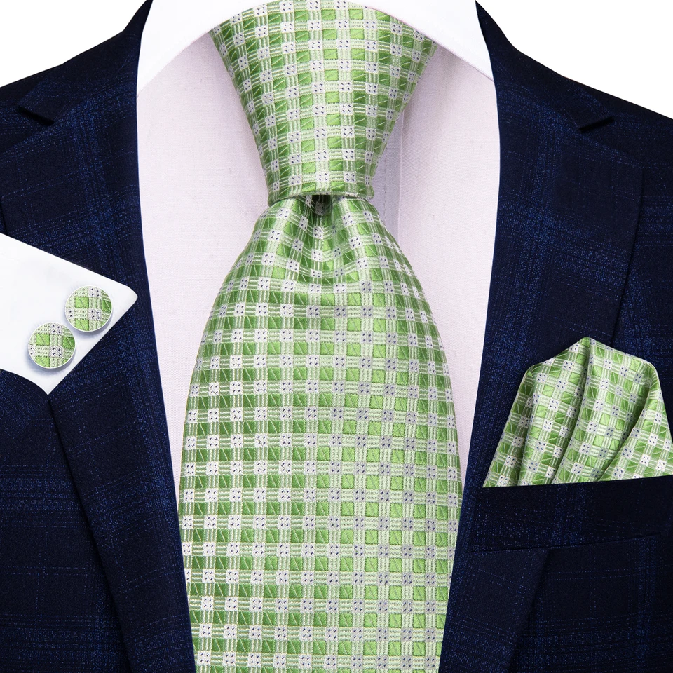 Hi-kliepka Plaid Design Sage Zelená elegantná muži kravaty Jacquard Necktie Accessory Cravat Wedding Business Party Hanky ​​CuffLink Veľkoobchod