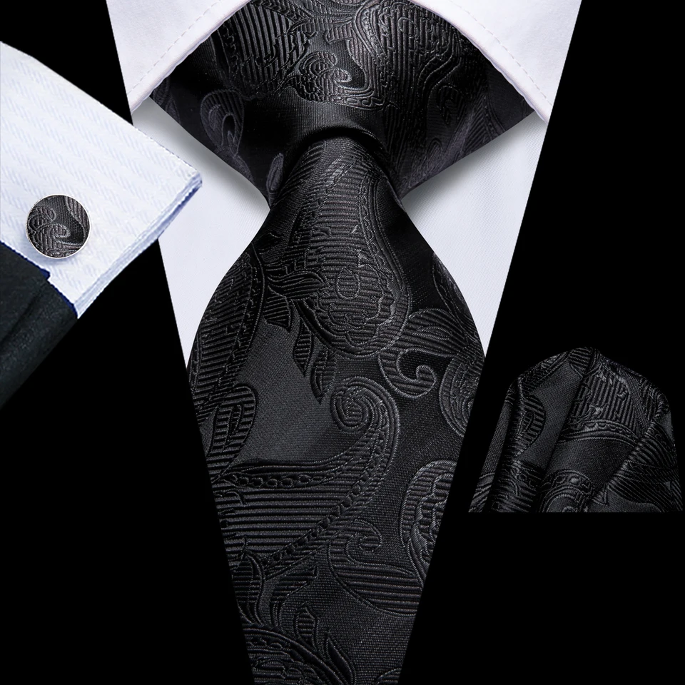 Hi-Tie Black Paisley Designer Elegantná kravata pre mužov Módna značka Svadobná strana Know Handky Cufflink Wholesale Business