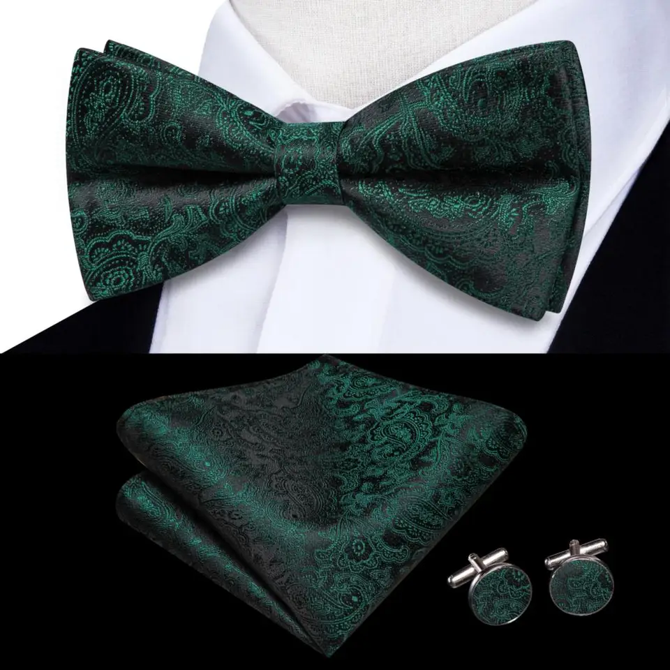 Hi-Tie Jacquard Paisley Dark Green Bowtie pre mužov Hodvábny motýľový kravata kravata Hanky ​​Cufflinks svadobná hostina darček