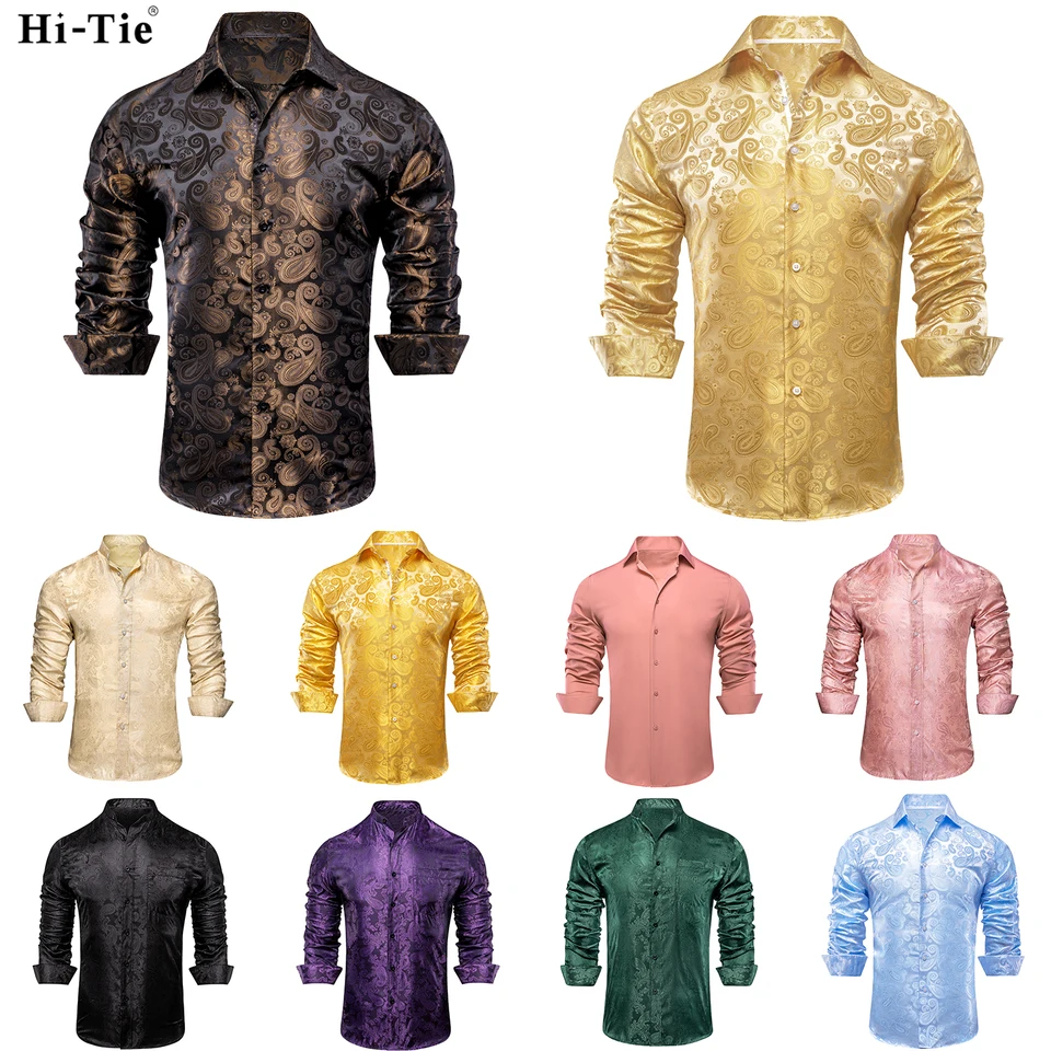 Hi-Tie Jacquard Paisley hnedá žltá pánska hodvábna košeľa s dlhým rukávom klopne košeľa blúzka Vonkajšie oblečenie svadobná kancelária priedušná kvalita