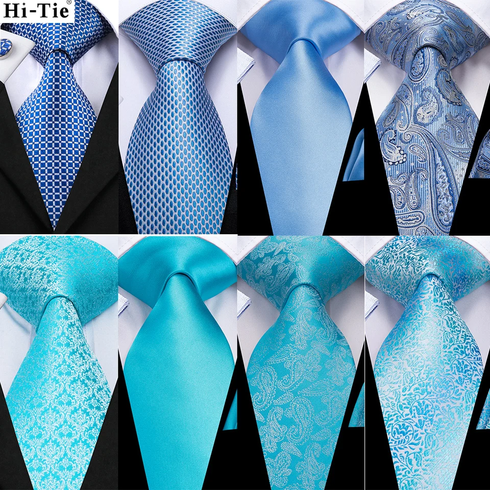 Hi-Tie Light Blue predaná darček hodvábna svadobná kravata pre mužov vreckovky CuffLink Nicktie set módny dizajn business party Dropship