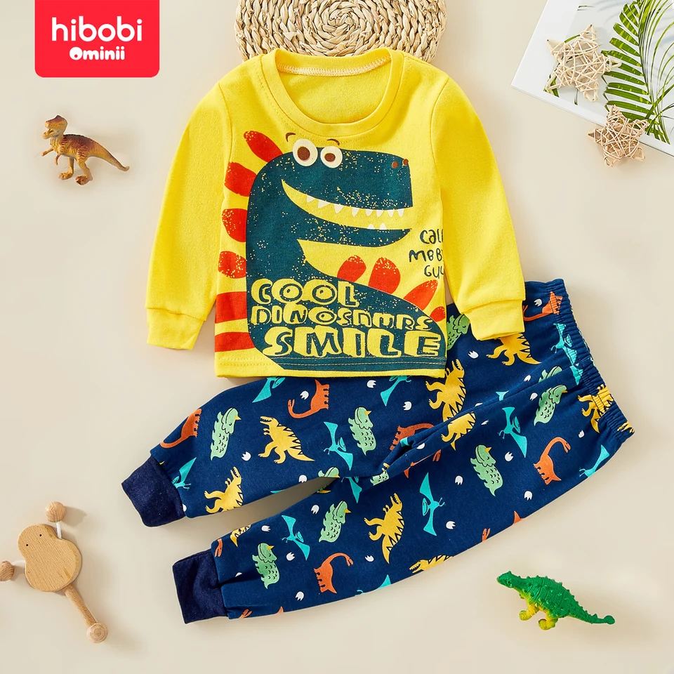 Hibobi 2-dielne detské domáce oblečenie sada batoľa chlapec Cartoon Fashion Dinosaurus Vytlačený s dlhým rukávom Top a zodpovedajúce nohavice