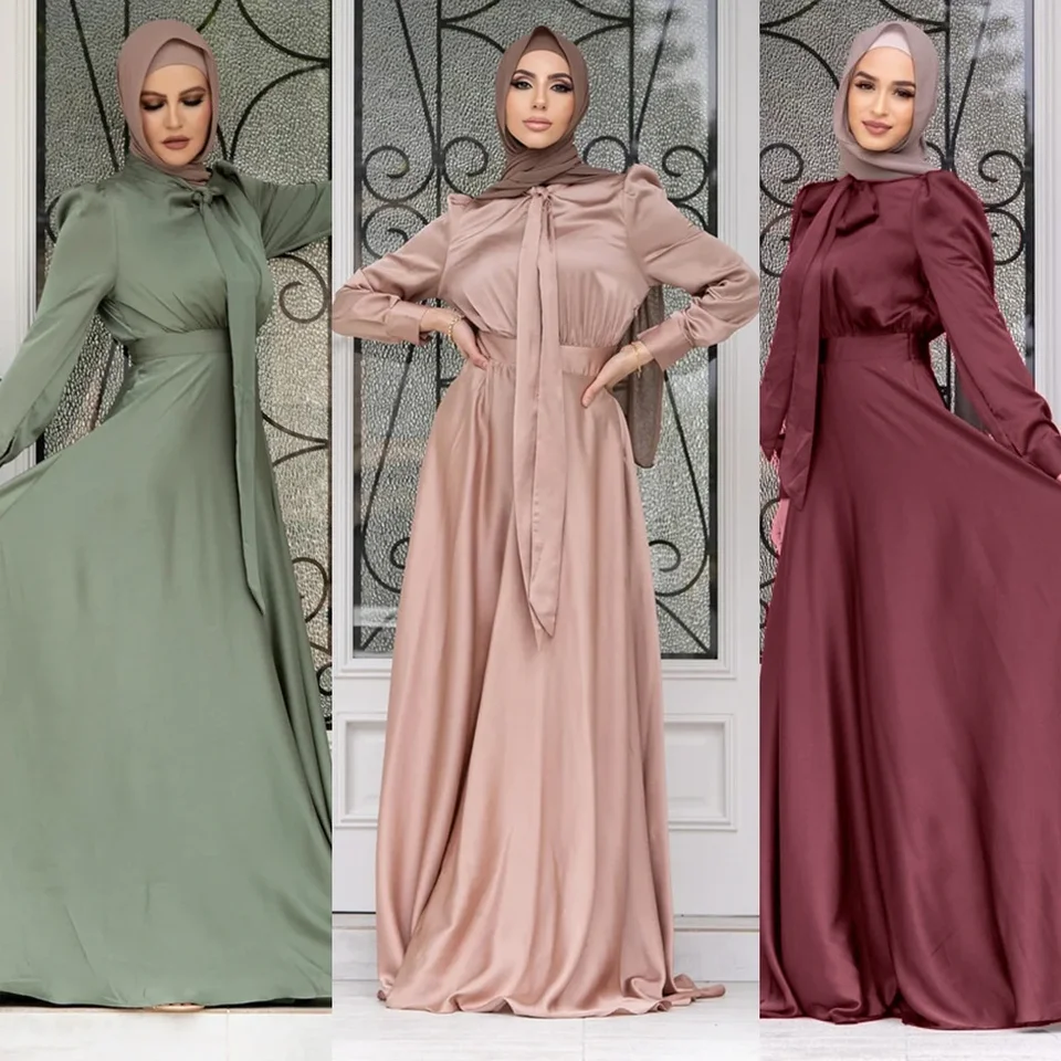Hidžáb satén maxi šaty moslim móda Belted Abaya Dubaj Turecko africké maxi šaty pre ženy islamské oblečenie kaftan