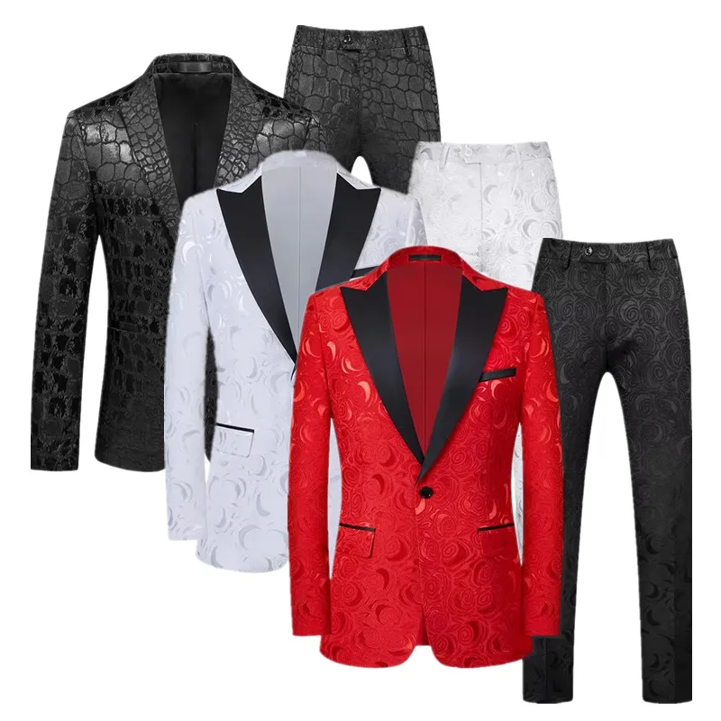 High -end Gentleman Jacquard Suit Men Obliekanie červenej čiernej bielej módy luxusné svadobné spoločenské šaty Slim Fit sako a nohavice