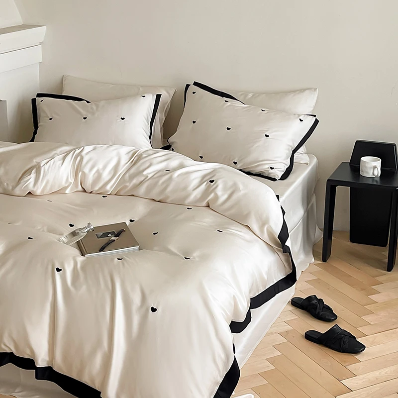 High-end Heart vyšívané podstielky 100% Lyocell Natural Plant Fibers Cover Set Sad s listami Čierna hrana prikrývky