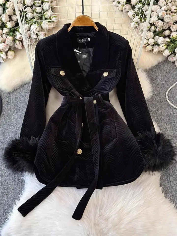 High -end Korean Quilted Blazer Women Double Breasted Gomgons Zhustený teplý pás štíhly štýlový kožušinový rukávový oblek A656