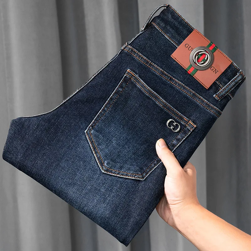 High -end Luxusné trendy džínsy pre mužov na jeseň a zimné módne a všestranné neformálne elastické nohavice Slim Fit Malé nohavice