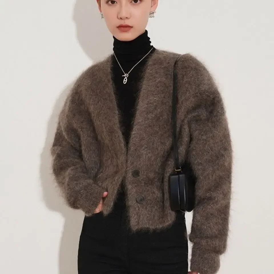 High-end Mink kožušinové pletené sveterky Dámske oblečenie jesenný krátky temperament francúzsky voľný voľný krk sveter dámske topy