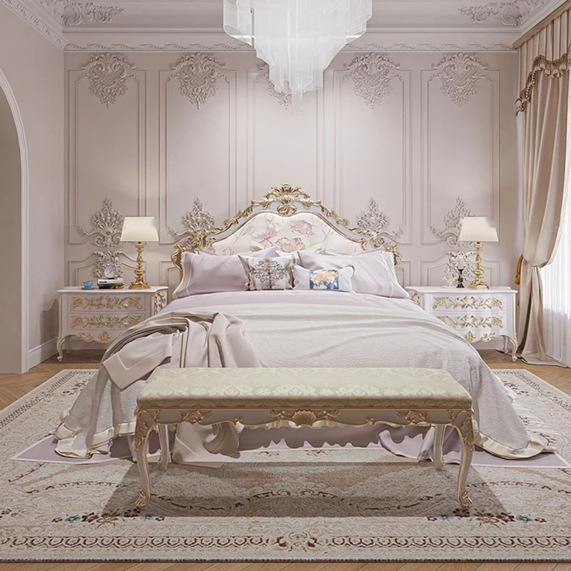 High End Moderná dvojlôžková čelo postele Európska luxusná platforma King Veľkosť Rámel Rám drevo bezpečné spanie Cama de Casal Nábytok