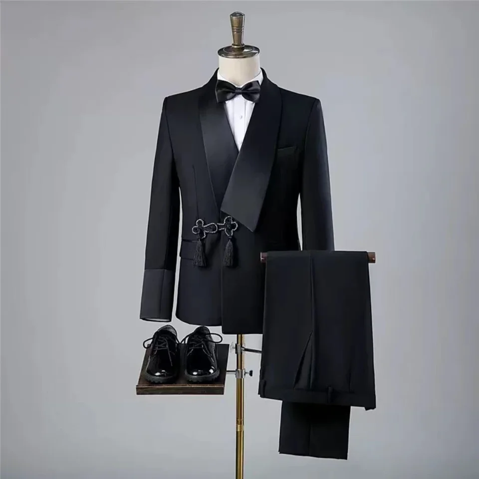 High-end Solid Men Suits 2-Piece Slim Fit Chic Shawl klopa Fringed gombíka smokingový formálny večierok Svadobný mužský oblek (bunda+nohavice)