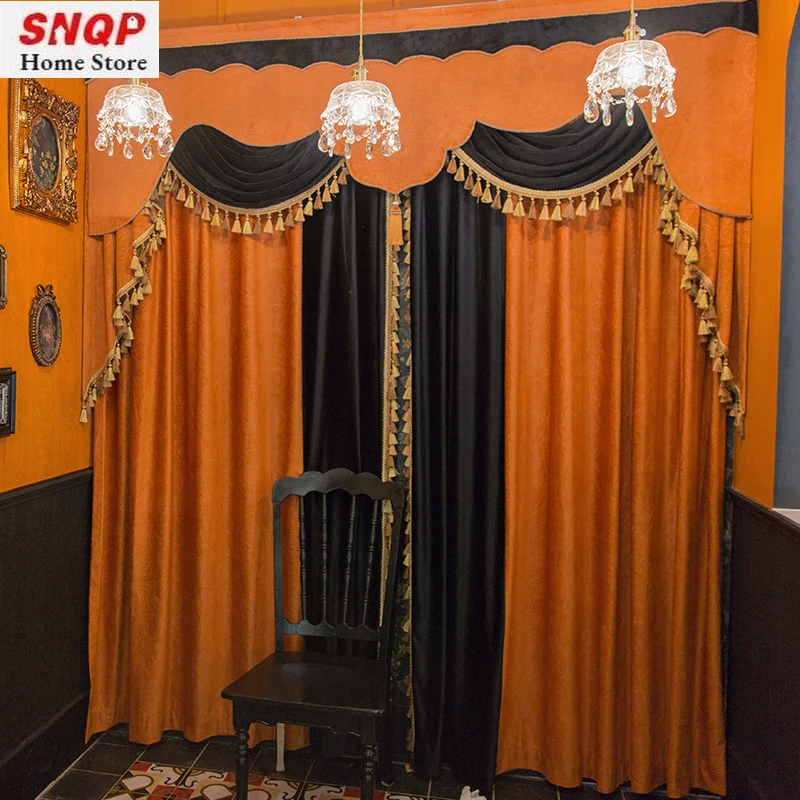 High-end výpadky Razené oranžové čierne záclony Luxusné retro zakryté záclony pre obývaciu izbu spálňa jedáleň milosť vlastná veľkosť