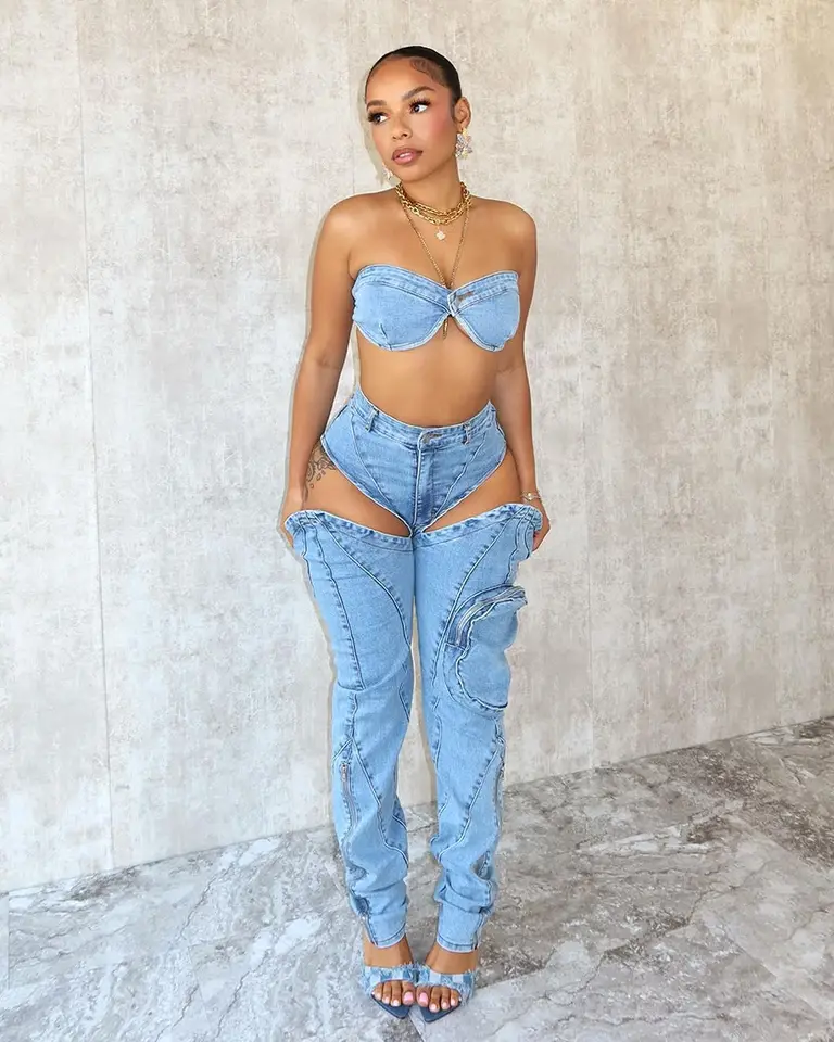 High Street Denim Pants Outfit Set Sexy Women Dva kúsky Elegantné džínsy Klub Zodpovedajúci súprava Top+Dutlow Out Tousers