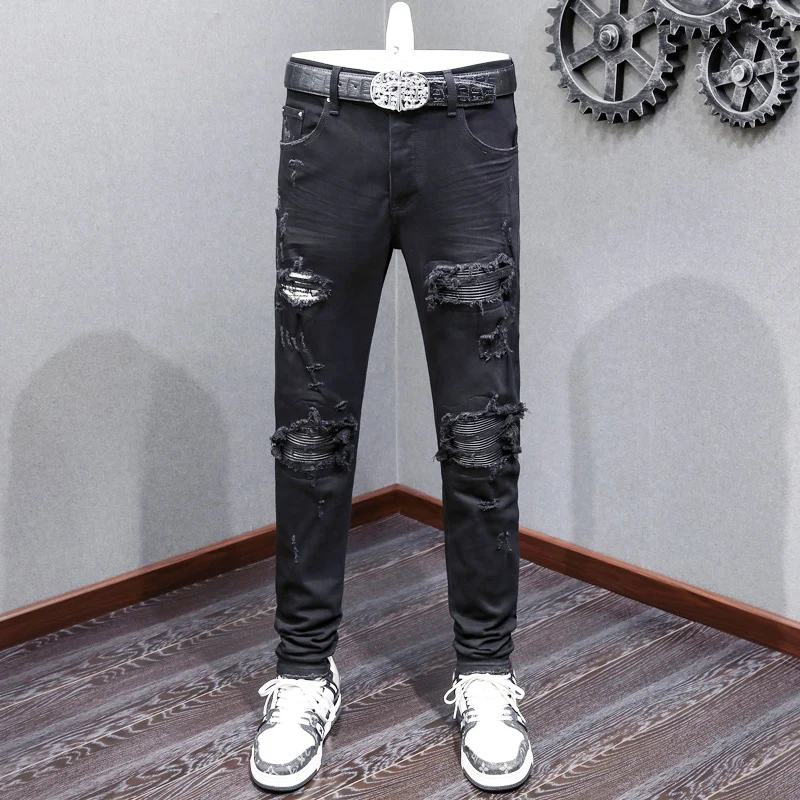 High Street Fashion Men Jeans čierny úsek Skinny fit kožené kožené roztrhané rifle Men dizajnér dizajnér hip hop džínsové nohavice homme