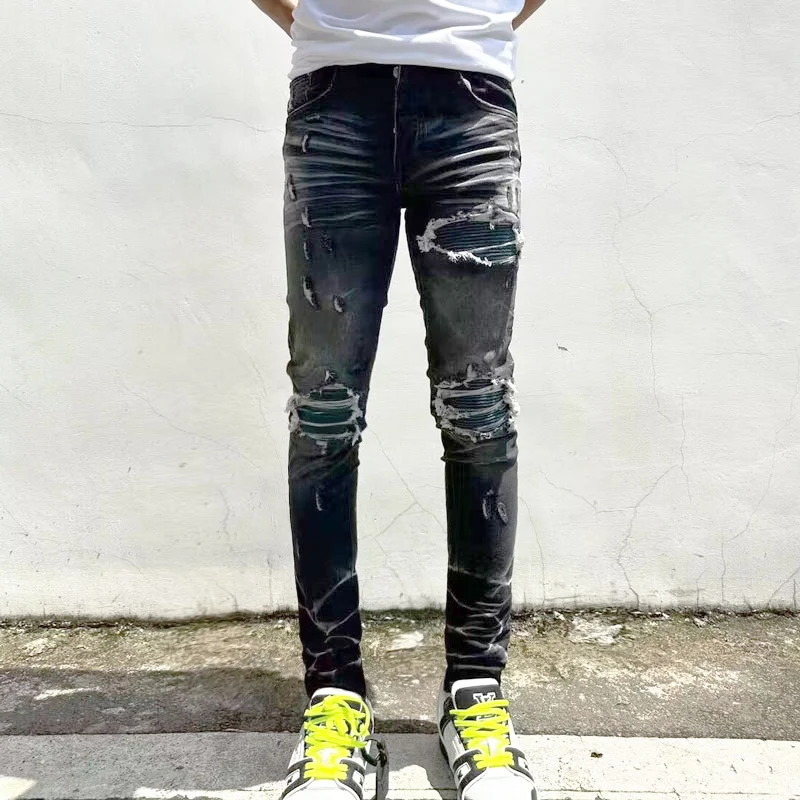 High Street Fashion nové pánske džínsy natiahnite štíhle retro čierne roztrhané zelené patchwork džínsy dizajnér hip-hop brand nohavice hom