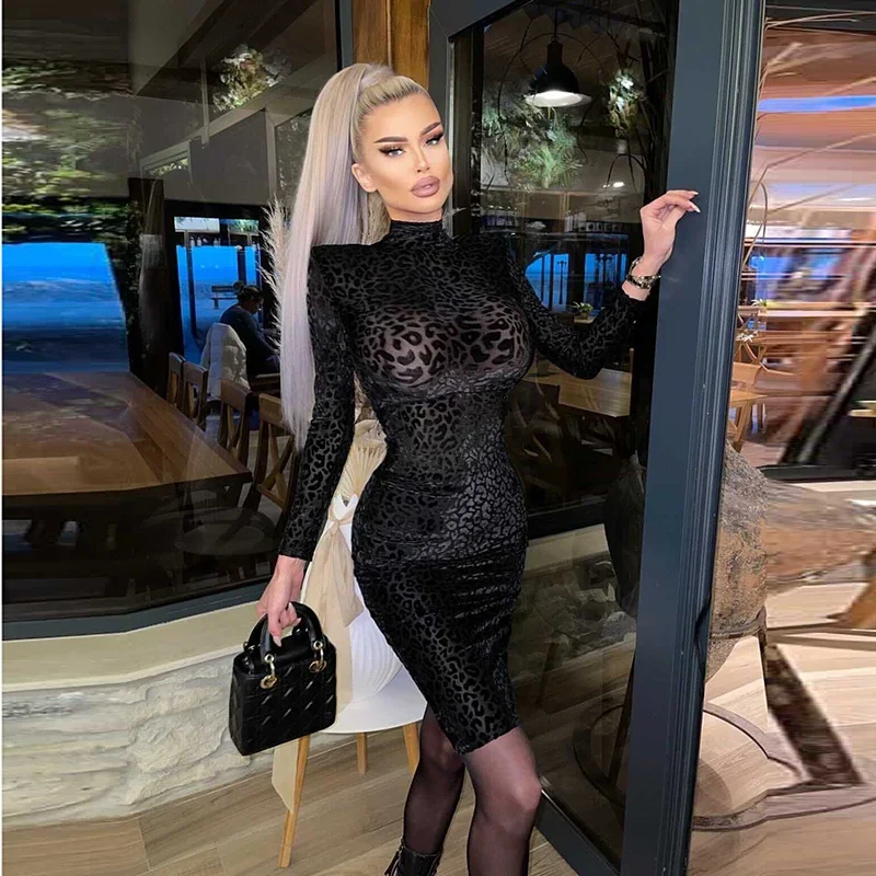 High Street najnovšia 2024 Dizajnérka Fashion Fashion Dámska s dlhým rukávom Sexy perspektíva Leopard Emboss Velvet pružné šaty