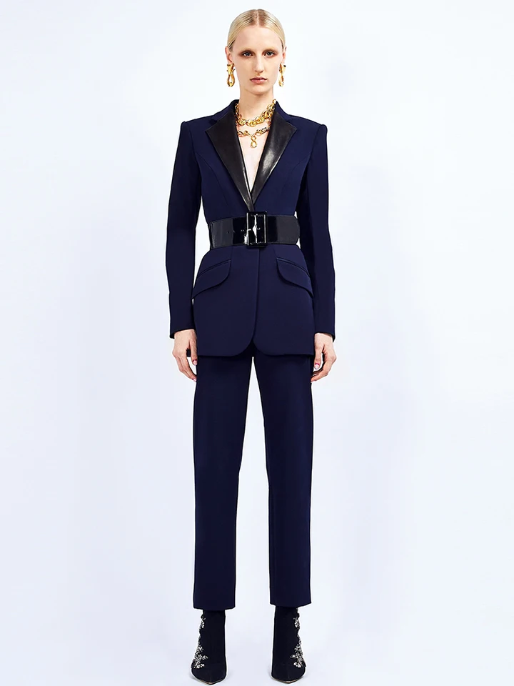 High Street najnovšie 2024 S/S Designer Set Set Set Dámsky kožený golier Blazer Pants Pants Set 2ks