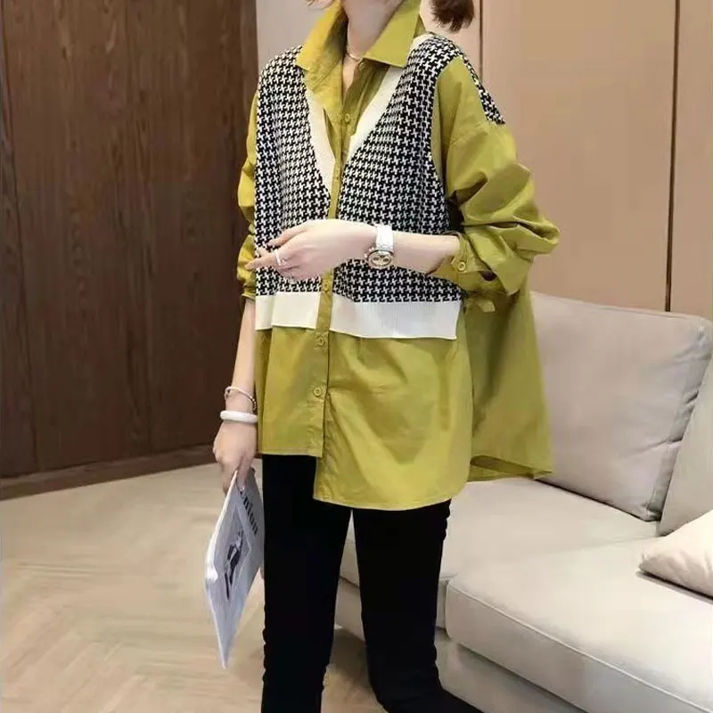 High Street Plaid Tlated Patchwork midi blúzka Príležitostné voľné uvoľnenie Spring jar jesenná móda Žena Kórejská pólová košeľa