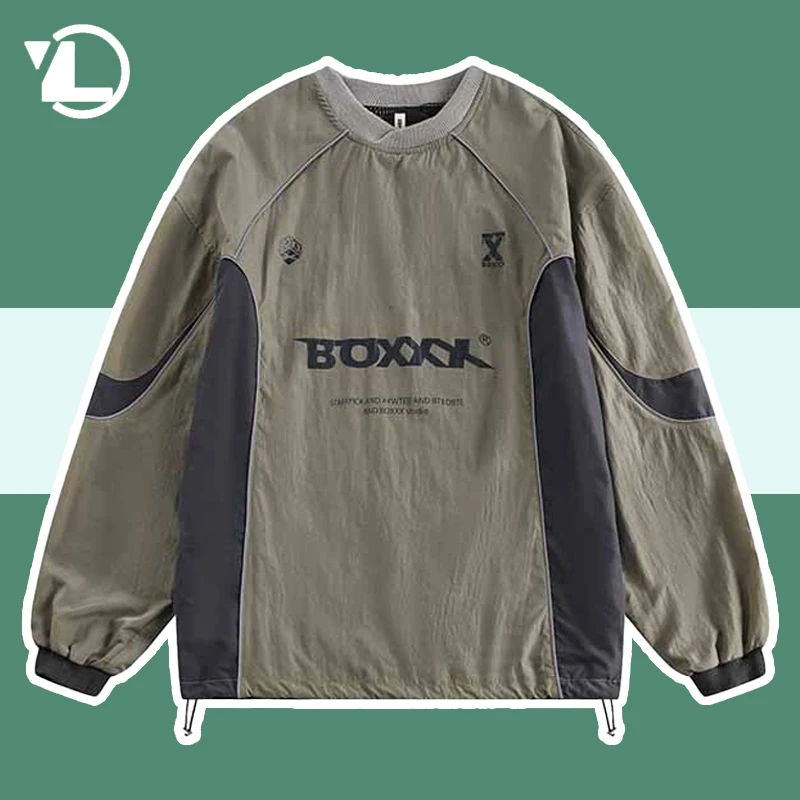 High Street Punk Strieška muži Spring Loose Funkčné písmeno Tlač s dlhým rukávom Pullover harajuku sťahovanie