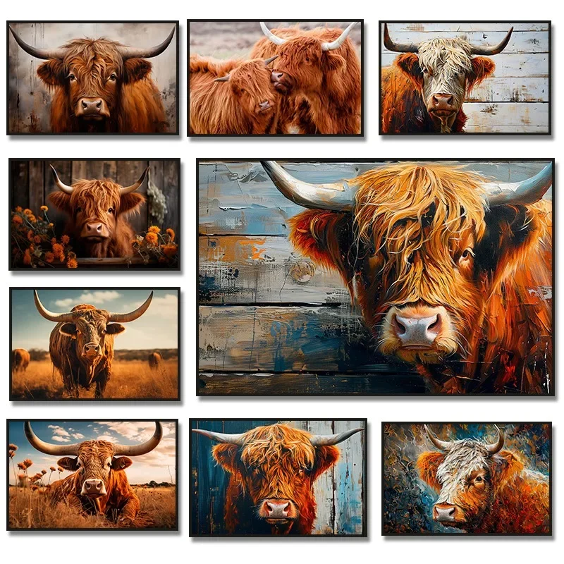 Highland Cow Flower Animal Canvas maľba potlač nástenné umenie škótsky dobytok rustikálna krava nástenná farmár