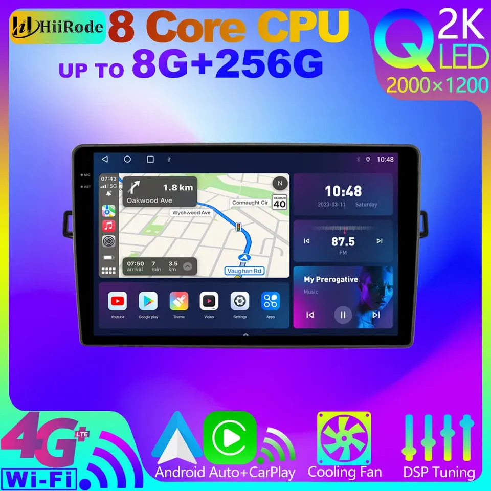 HiiRode Android 12 8g+256g QLED 2K CarPlay Car Multimedia Player pre Toyota Auris 1 E150 2006-2012 GPS Navigation Stereo Radio