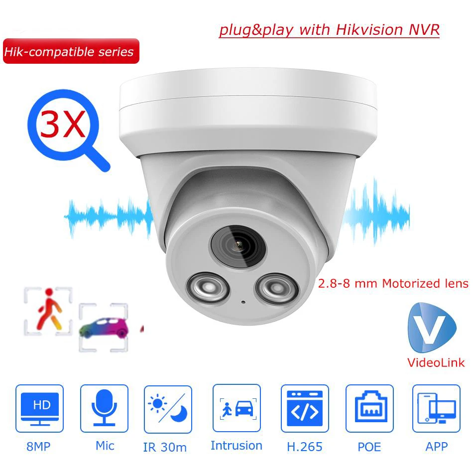 HikVision kompatibilný 4K 8MP 3x Zoom IP fotoaparát vstavaný mikrofón Detekcia ľudského vozidla 2,8-8 mm Plug & Play s aplikáciou HikVision NVR App