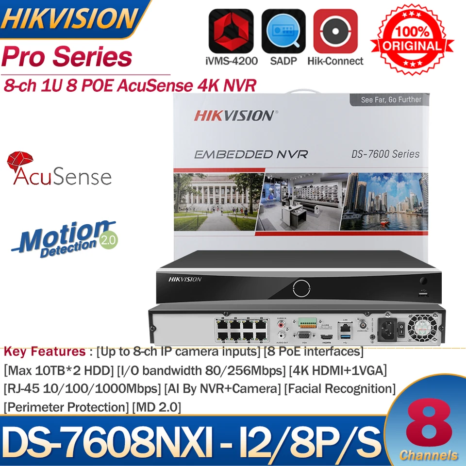 HikVision NVR 8-CH 1U 8 Poe Acusense 4K DS-7608NXI-I2/8P/S 8-COKAPOVÉ VSTUPY KAMERA VIDEO VIDEO RECORDER SUBORODER SPOLOČNOSŤ