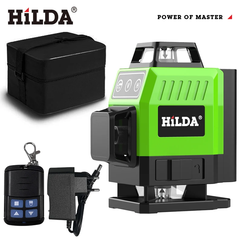 Hilda Laser Level Mini 12/16 riadky 3D/4D Self-riadenie 360 ​​Horizontálne a vertikálne krížové super výkonné zelený prenosný laser