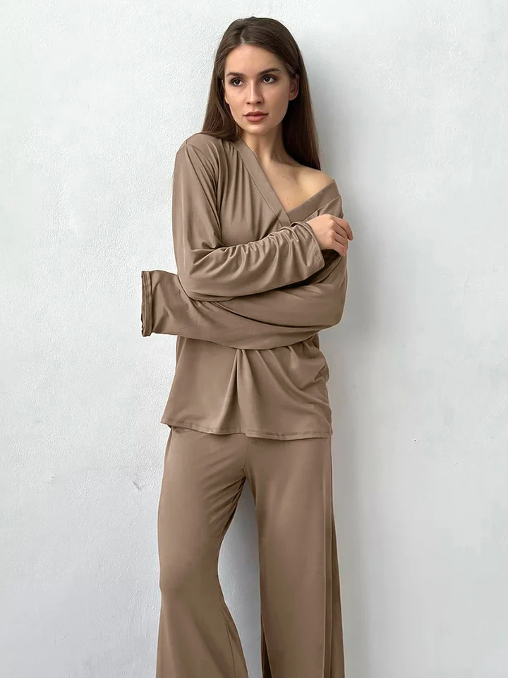 HILOC Autumn Pletené dlhé nohavice Pyžamy pre ženy 2 kusy módy V-krk voľné tričká Príležitostné masívne nohavice Sleewears obleky